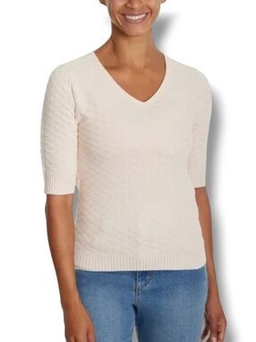 Ella Moss Women’s Elbow Sleeve Sweater Cream Baby Pink Textured Honeycomb Knit